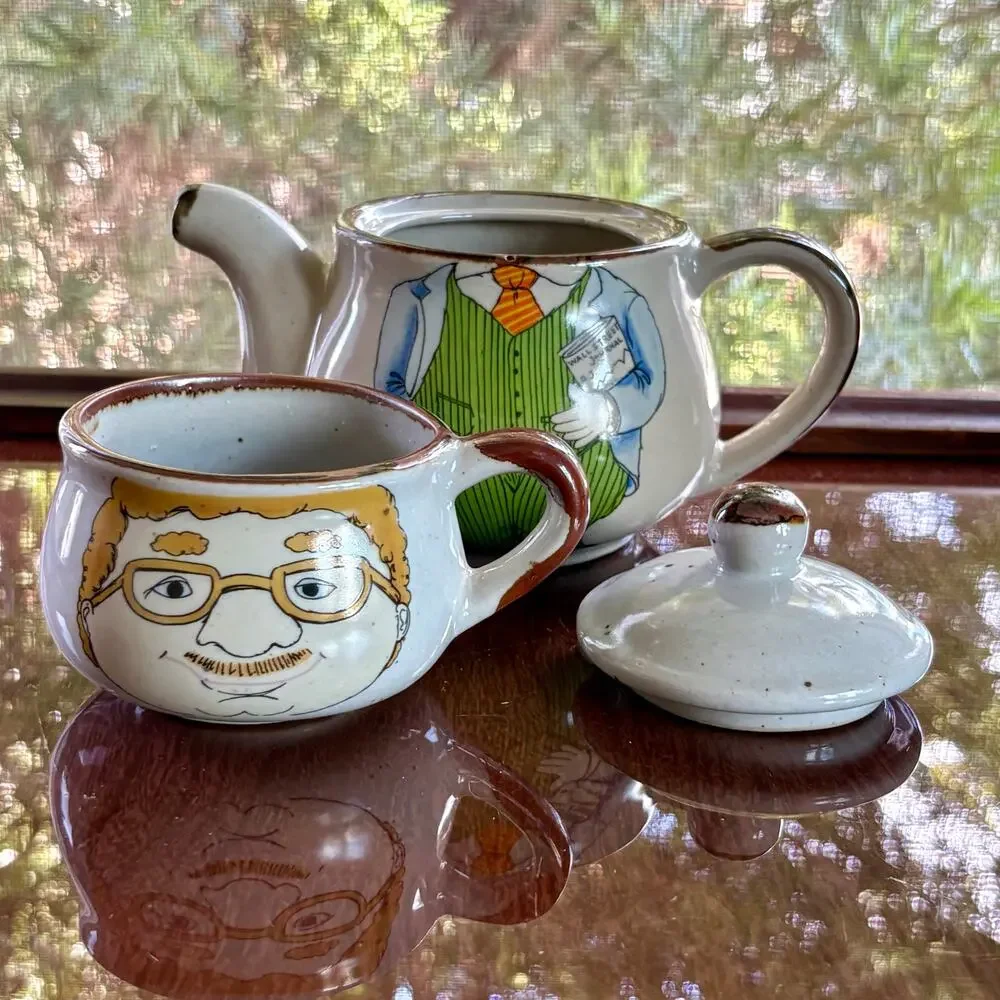 Vintage Tea for One Set, Mustache Man Stackable Teapot & Mug